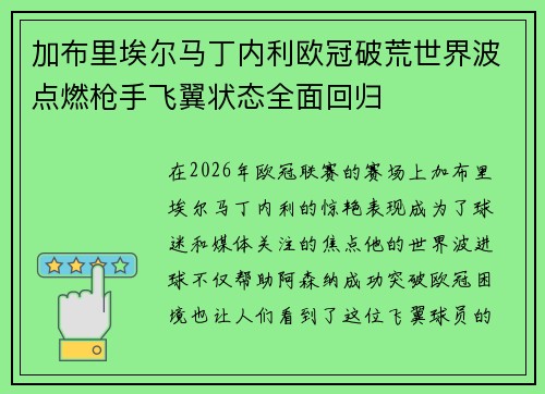 加布里埃尔马丁内利欧冠破荒世界波点燃枪手飞翼状态全面回归
