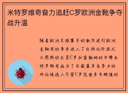 米特罗维奇奋力追赶C罗欧洲金靴争夺战升温